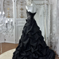 Vintage Black A Line Strapless Shiny Beaded Pleated Satin Prom Dress Sweet 16 Dress SH5982