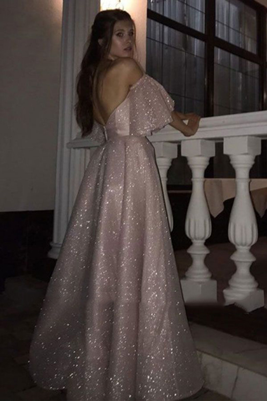 Pink Tulle Sequins Off the Shoulder Prom Dress With Split SH1263