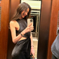 Sexy Black Sheath Round Neck Satin Open Back Long Prom Dress Date Dress SH4896
