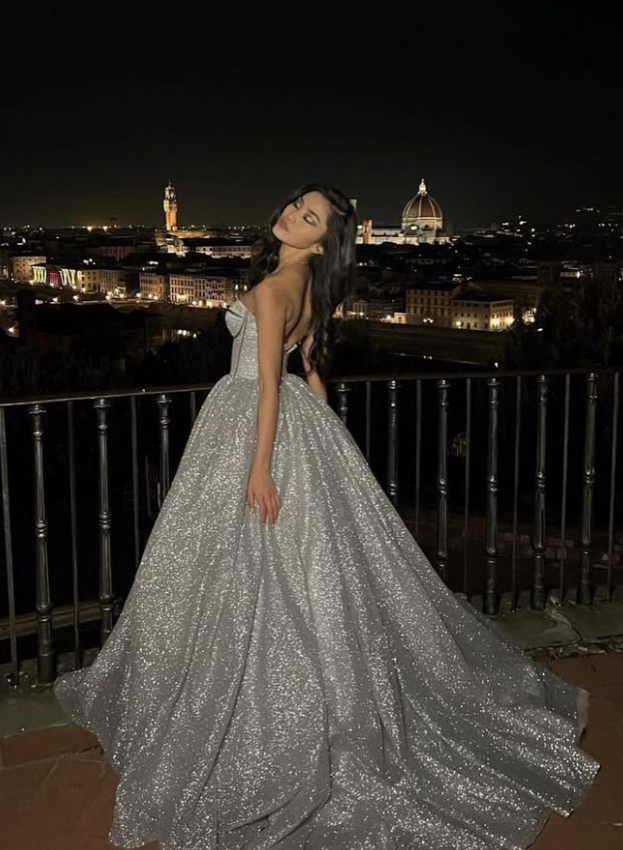 Pretty A Line Sweetheart Neck Corset Silver Sequin Prom Dress Evening Dress SH6329