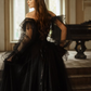 Ethereal Black A Line Long Sleeve Tulle Long Train Prom Dress Evening Dress SH6697