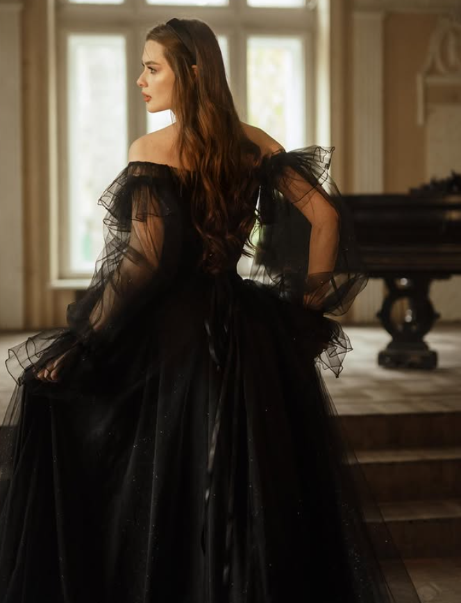 Ethereal Black A Line Long Sleeve Tulle Long Train Prom Dress Evening Dress SH6697