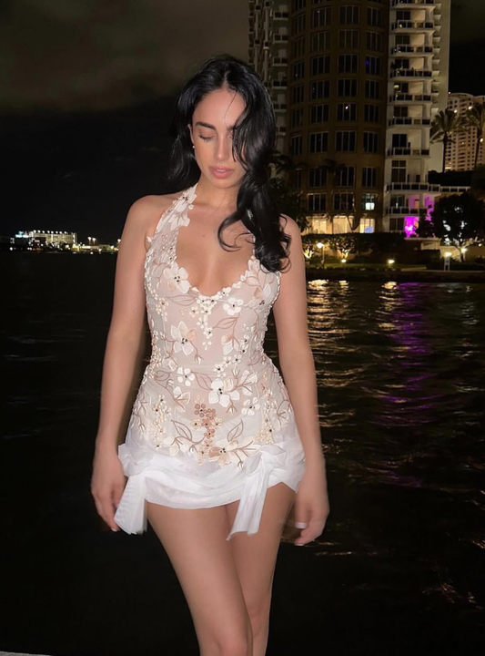 White Sheath Halter Embroidered Tulle Mini Homecoming Dress Vacation Dress SH4198