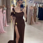 Dark Brown Sheath Straps Satin Long Prom Dress Party Dress with Slit SH4812