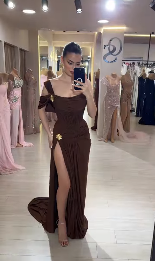 Dark Brown Sheath Straps Satin Long Prom Dress Party Dress with Slit SH4812