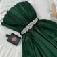 Emerald A Line Strapless Beaded Pleated Satin Long Prom Dress Evening Dress SH7309