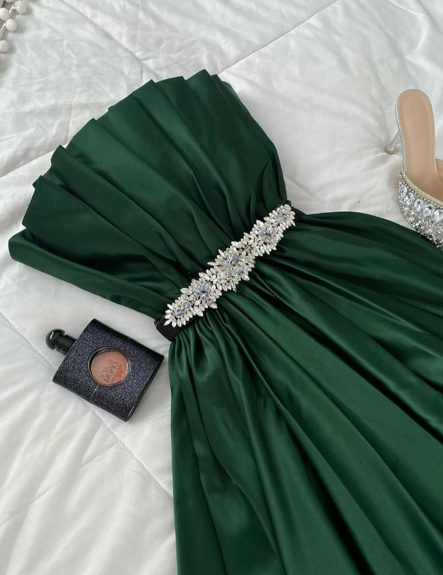 Emerald A Line Strapless Beaded Pleated Satin Long Prom Dress Evening Dress SH7309