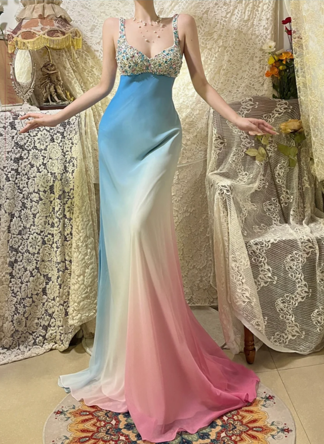 Vintage A Line Beaded Blue Pink Ombre Chiffon Prom Dress Wedding Guest Dress SH4652