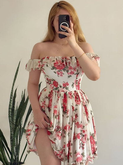 Cute A Line Off the Shoulder Pink Print Chiffon Short Prom Dress Homecoming Dress SH6898