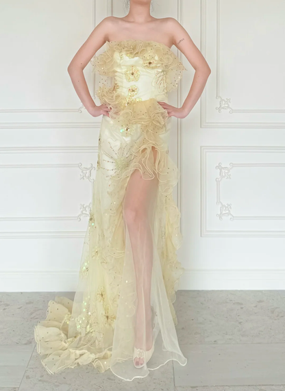 Pretty Mermaid Strapless Shiny Sequin Yellow Organza Slit Prom Dress Evening Dress SH6763