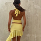 Yellow Two Piece A Line Halter Satin Open Back Short Homecoming Dress Cocktail Dress SH3385