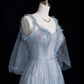 Shiny A Line Spaghetti Strap Blue Tulle Silver Sequin Long Evening Dresses Party Dresses SH2675