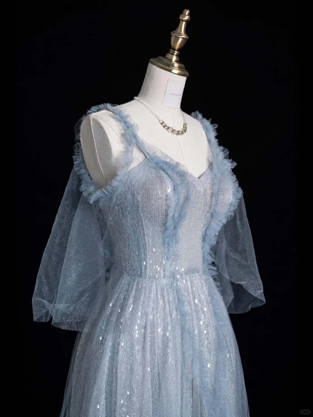 Shiny A Line Spaghetti Strap Blue Tulle Silver Sequin Long Evening Dresses Party Dresses SH2675