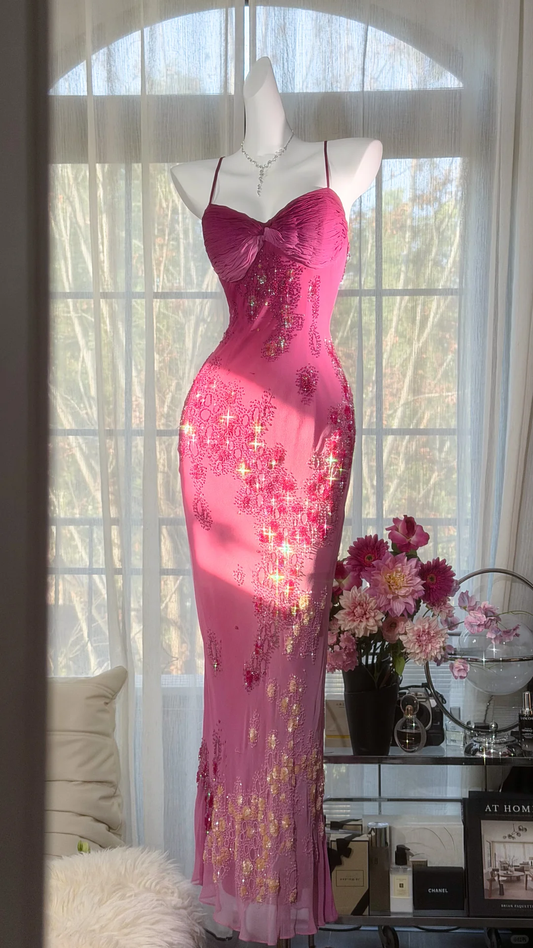 Dreamy Pink Ombre Sheath Floral Beaded Chiffon Long Prom Dress Graduation Prom Dress SH5348