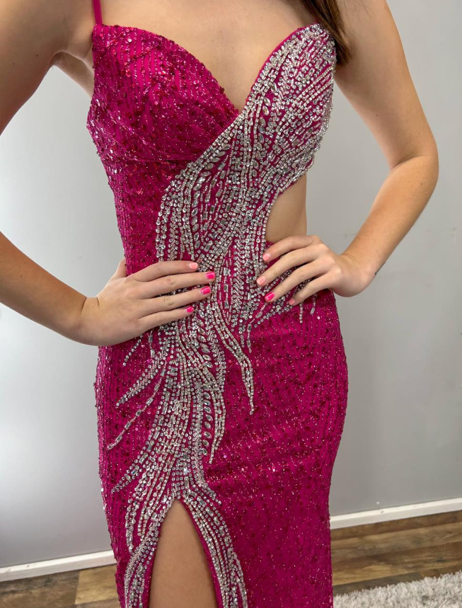 Hot Pink Sheath Straps Shiny Beaded Sequin Tulle Long Prom Dress Evening Dress SH6781
