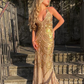 Unique Mermaid Golden Sequin Long Sweep Open Back Prom Dress Evening Dress SH1021