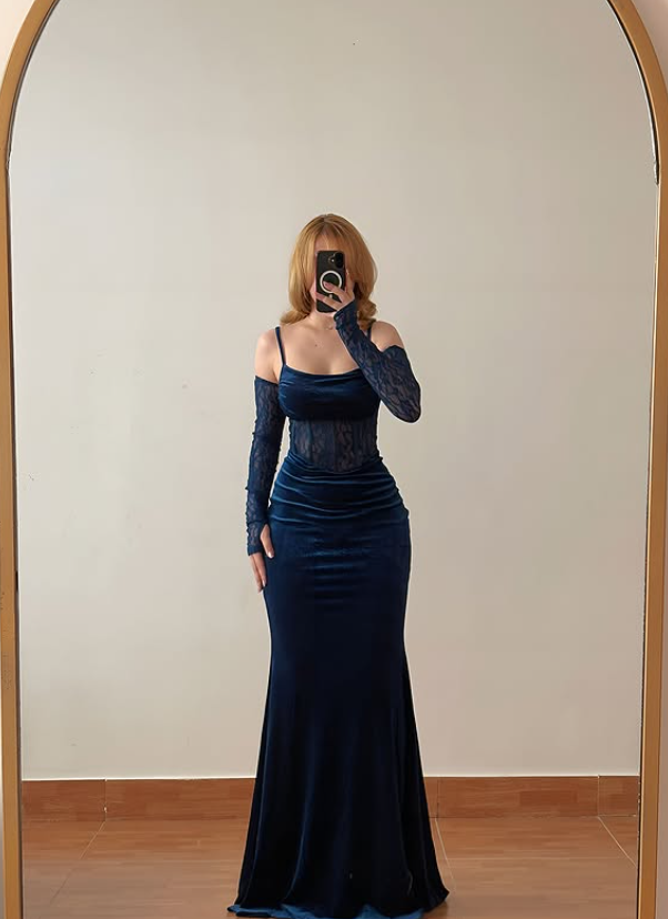 Sexy Dark Blue Sheath Spaghetti Strap Lace Velvet Prom Dress Evening Dress SH6875