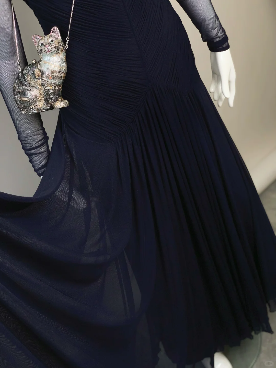 Navy Blue A Line Long Sleeve Tulle Prom Dress Evening Dress SH5131