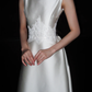 Backless Simple A Line White Beaded Lace Satin Long Wedding Dress SH5969