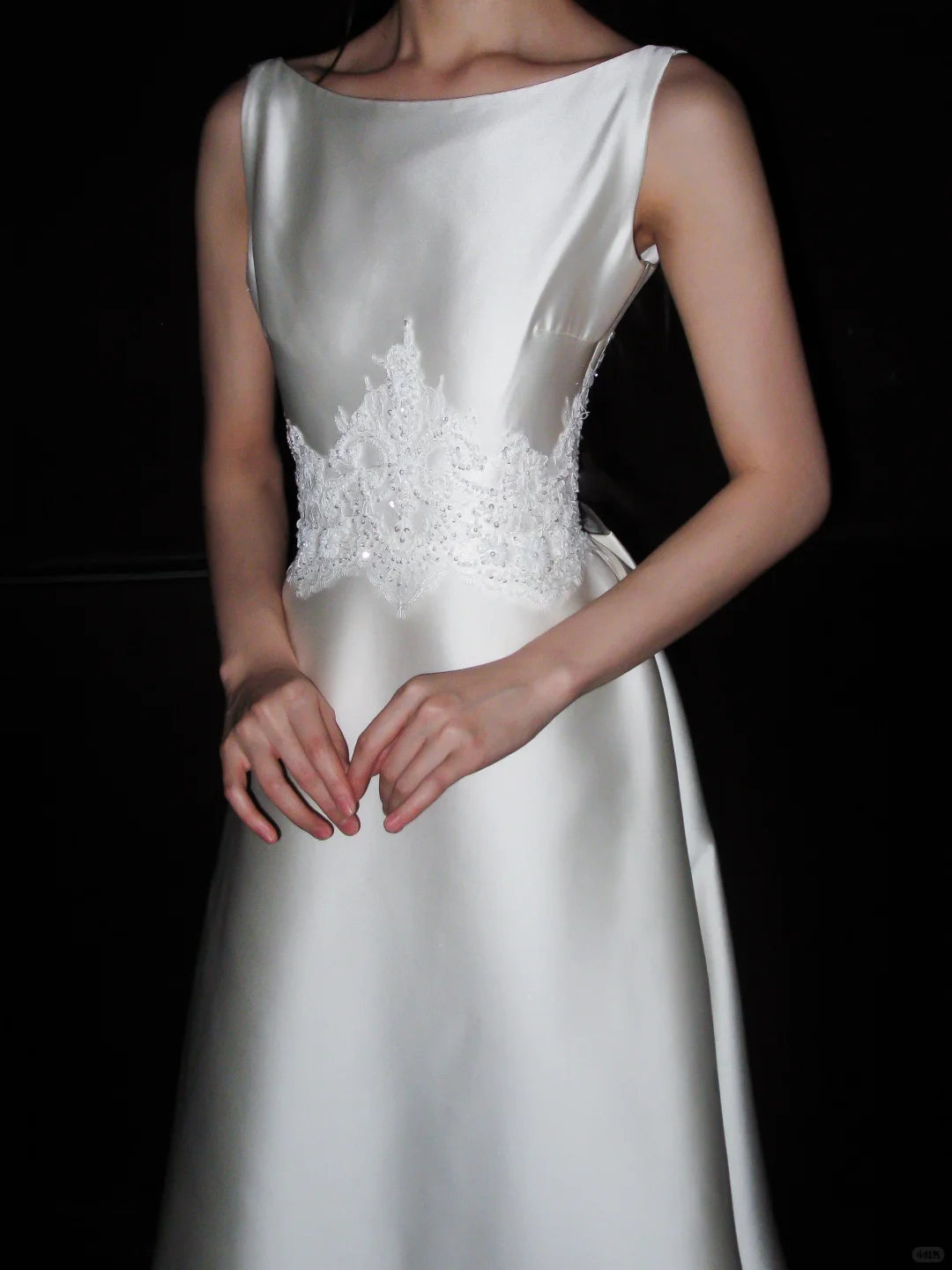 Backless Simple A Line White Beaded Lace Satin Long Wedding Dress SH5969