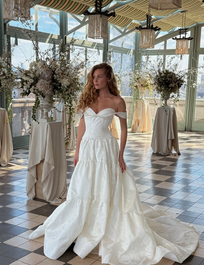 Simple Sweet Ball Gown Off the Shoulder White Long Wedding Dress SH5452