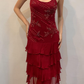 Burgundy Vintage A Line Spaghetti Strap Tiered Beaded Chiffon Evening Dress SH2082
