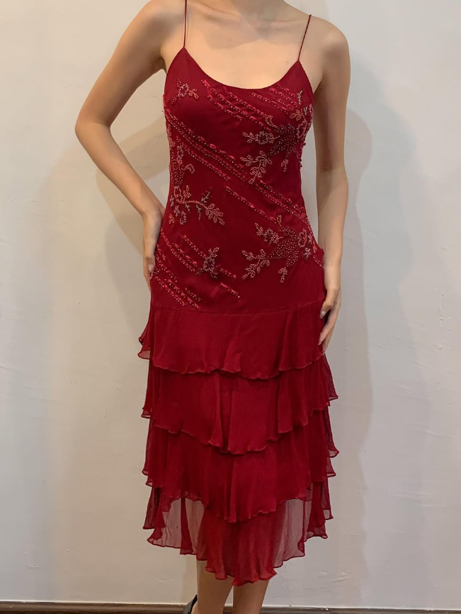 Burgundy Vintage A Line Spaghetti Strap Tiered Beaded Chiffon Evening Dress SH2082