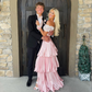 Vintage Pink Off The Shoulder Lace Satin Two Pieces Prom Dress SH1050