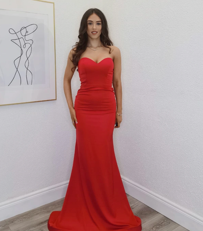High-class Sheath Sweetheart Neck Red Satin Long Prom Dress Evening Dress SH6632