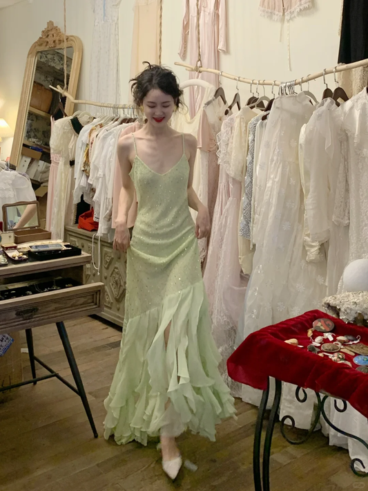 Vintage Light Green Mermaid Spaghetti Strap Beaded Ruffle Chiffon Prom Dress 16th Birthday Dress SH4403