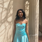 Cute Blue A Line Pearl Spaghetti Strap Satin Homecoming Dress Cocktail Dress SH4000