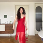 Flowy Red A Line Spaghetti Strap Chiffon Prom Dress Outfits with Slit SH4546