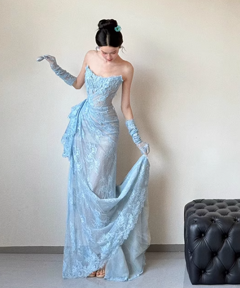 Blue Mermaid Strapless Pleated Blue Lace Long Party Dress Evening Dress SH3380