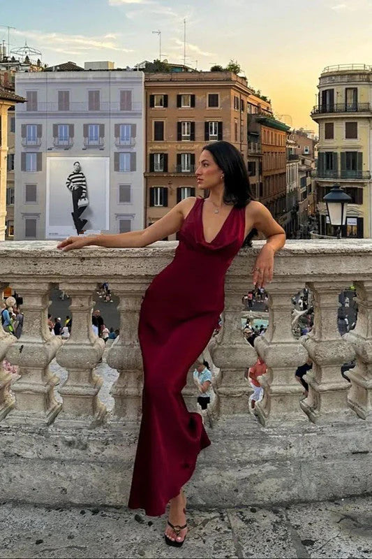 Elegant Sheath V Neck Burgundy Satin Open Back Long Prom Dress Graduation Prom Dress SH2597