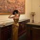 French Gold Velvet Slip Mermaid Prom Dress Long Evening Dress SH1429