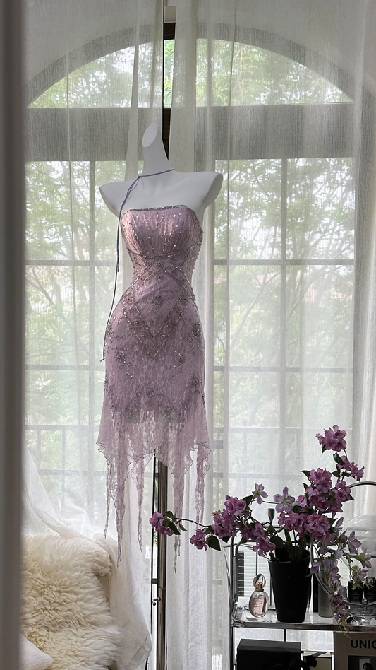 Stunning A Line Strapless Purple Rhinestone Lace Short Homecoming Dress Birthday Dress SH2942
