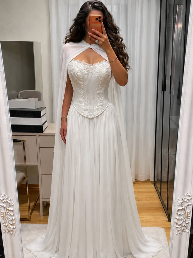 Modern A Line Strapless White Beaded Chiffon Prom Dress Wedding Dress SH9052