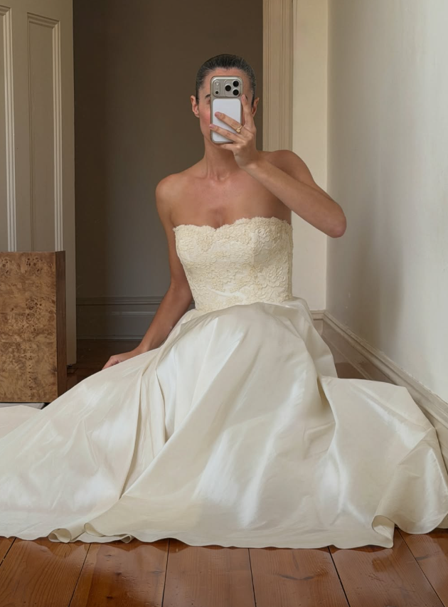 Vintage A Line Strapless Simple Lace Satin Long Wedding Dress SH8475