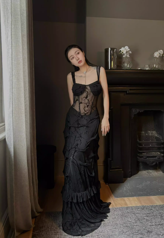 Sexy Black Sheath Straps Lace Chiffon Long Prom Dress Evening Dress SH4391