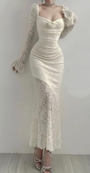 Romantic Mermaid Long Sleeve Ivory Lace Prom Dress Evening Dress SH7078