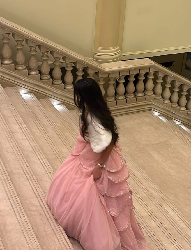 Pink A Line Strapless Tiered Beaded Tulle Party Dress Evening Dress Ball Gown SH2819