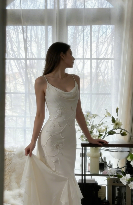 Elegant Mermaid Spaghetti Strap Beaded White Chiffon Prom Dress Graduation Prom Dress SH2560