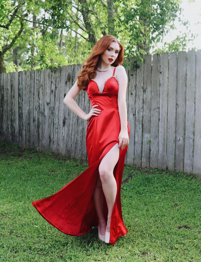 Charming Sheath Spaghetti Strap Rhinestone Red Satin Long Evening Dresses Party Dresses with Slit SH2676