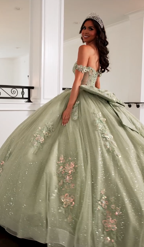 Sweety Green Ball Gown Applique Sequin Tulle Satin Long Prom Dress Quinceanera Dress SH5168