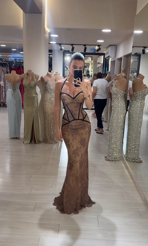 Sexy Mermaid Halter Brown Lace Long Ball Gown Evening Dress Prom Dress SH4825