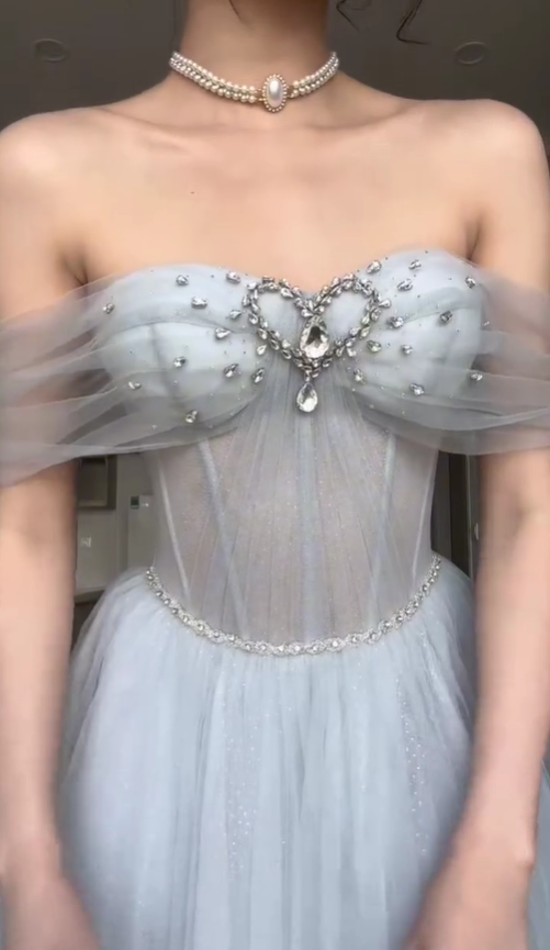 Grey A Line Off the Shoulder Rhinestone Tulle Prom Dress Wedding Guest Dress SH4745