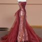 Shiny Mermaid Strapless Red Sequin Tulle Long Prom Dress Party Dress SH4366