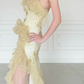 Pretty Mermaid Strapless Shiny Sequin Yellow Organza Slit Prom Dress Evening Dress SH6763