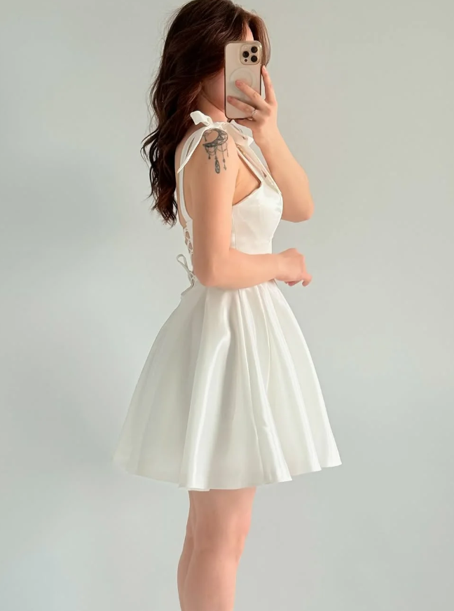 White A Line Bow Straps Satin Short Prom Dress Homecoming Dress SH6010