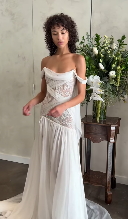 A Line Off the Shoulder White Chiffon Lace Long Wedding Dress with Slit SH4697